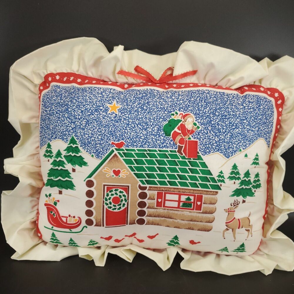 Set of 2 Vintage Handmade Christmas Pillows Santa Cabin Reindeer 15x11